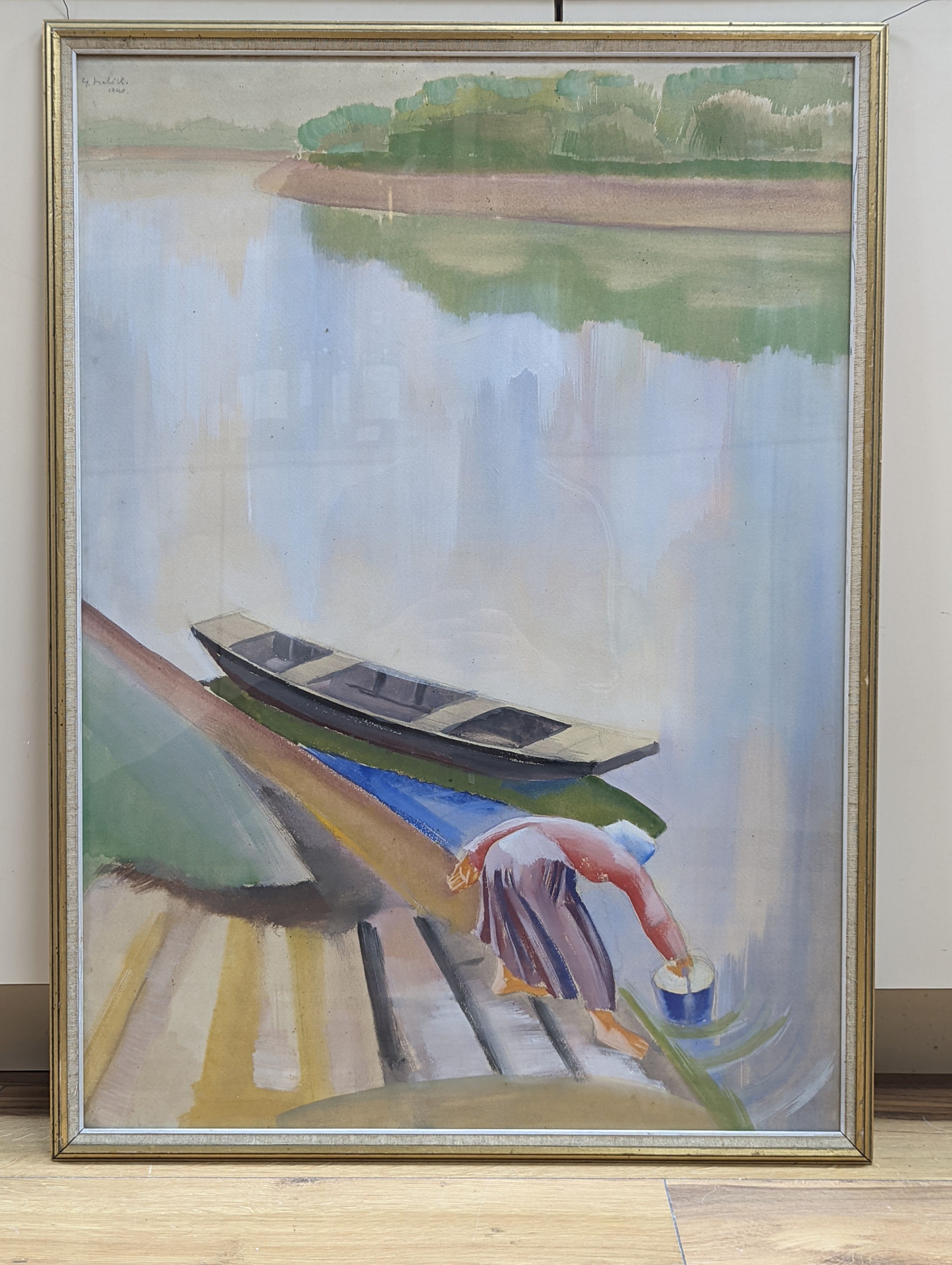 Y. Malik, watercolour, Woman filling a bucket from a river, signed and dated 1940, 69 x 49cm